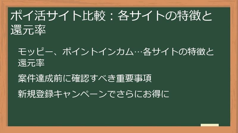ポイ活サイト比較：各サイトの特徴と還元率