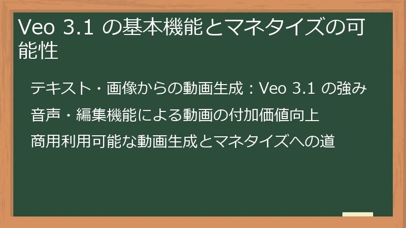 Veo 3.1 の基本機能とマネタイズの可能性