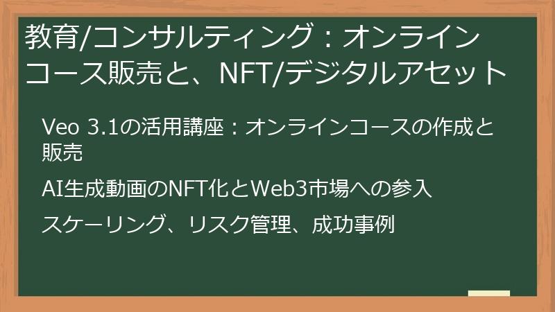 教育/コンサルティング：オンラインコース販売と、NFT/デジタルアセット