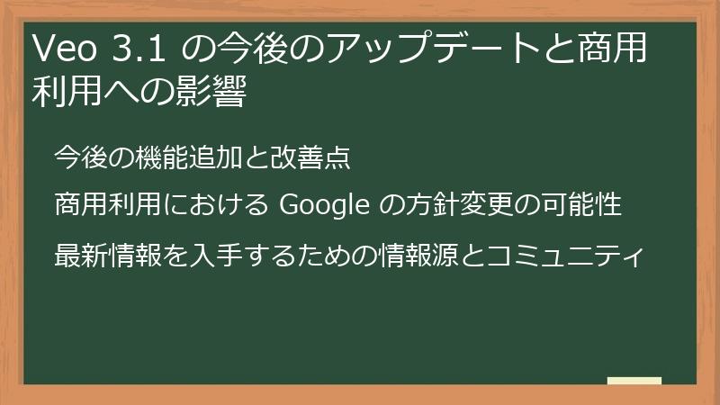 Veo 3.1 の今後のアップデートと商用利用への影響