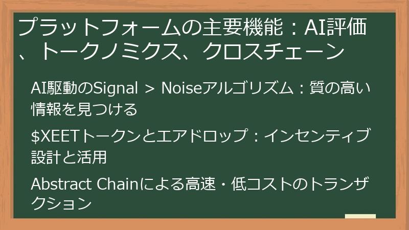 プラットフォームの主要機能：AI評価、トークノミクス、クロスチェーン