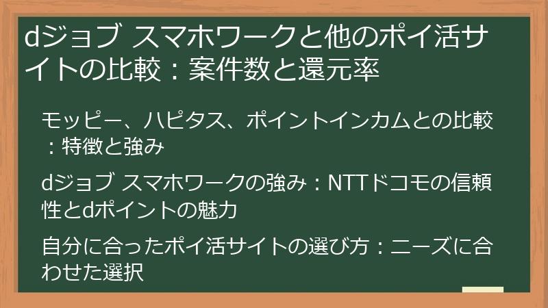 dジョブ スマホワークと他のポイ活サイトの比較:案件数と還元率