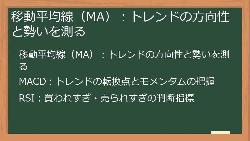 移動平均線（MA）：トレンドの方向性と勢いを測る