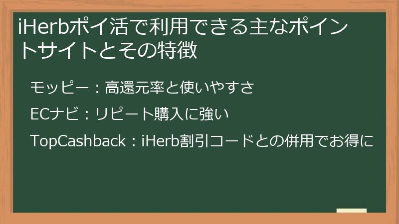 iHerbポイ活で利用できる主なポイントサイトとその特徴