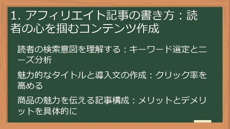 1. アフィリエイト記事の書き方：読者の心を掴むコンテンツ作成