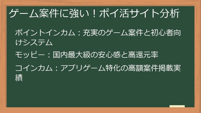 ゲーム案件に強い！ポイ活サイト分析