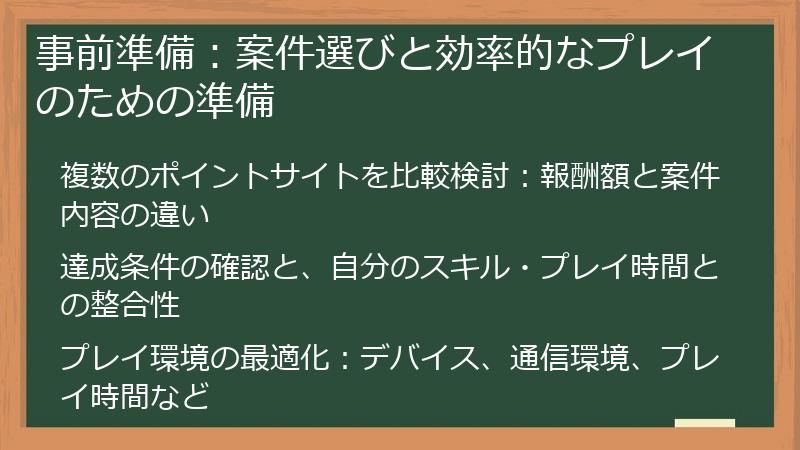 事前準備：案件選びと効率的なプレイのための準備