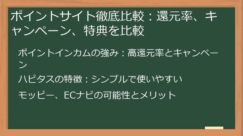 ポイントサイト徹底比較：還元率、キャンペーン、特典を比較