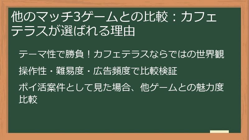 他のマッチ3ゲームとの比較：カフェテラスが選ばれる理由