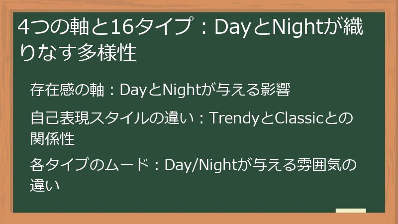 4つの軸と16タイプ:DayとNightが織りなす多様性