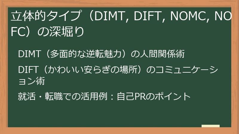 立体的タイプ（DIMT, DIFT, NOMC, NOFC）の深堀り