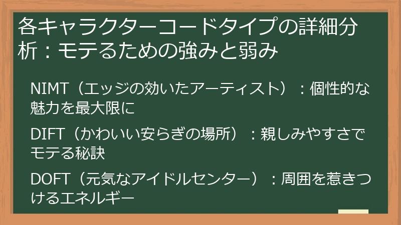 各キャラクターコードタイプの詳細分析：モテるための強みと弱み