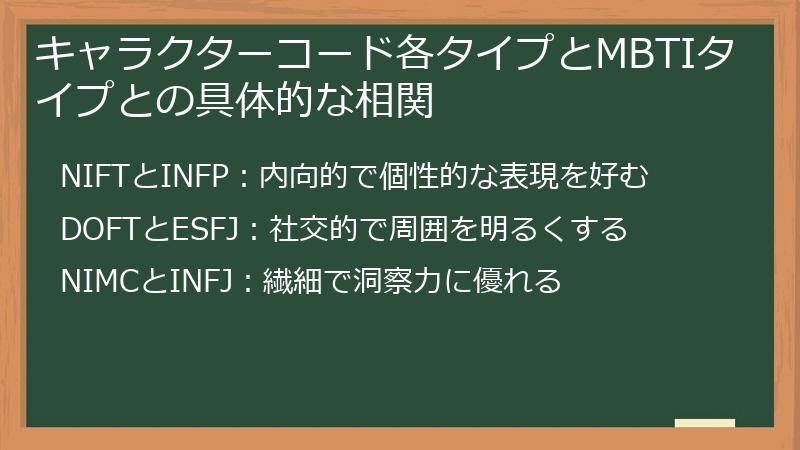 キャラクターコード各タイプとMBTIタイプとの具体的な相関