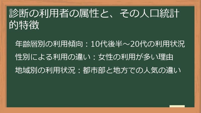 診断の利用者の属性と、その人口統計的特徴
