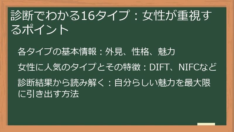 診断でわかる16タイプ：女性が重視するポイント