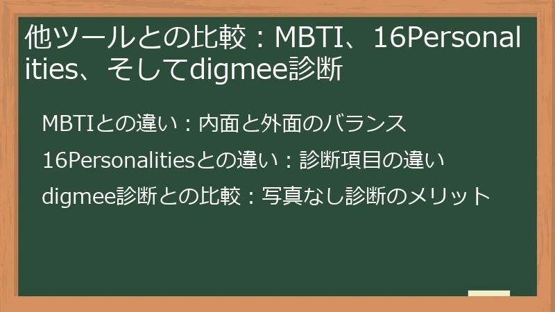 他ツールとの比較：MBTI、16Personalities、そしてdigmee診断