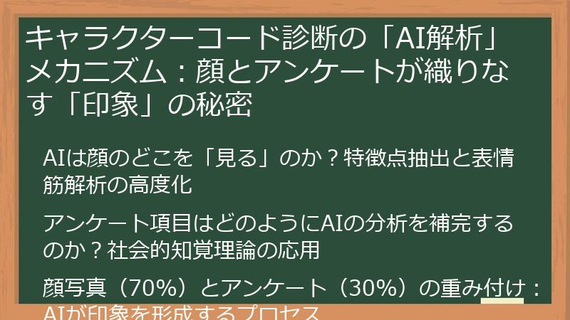 キャラクターコード診断の「AI解析」メカニズム:顔とアンケートが織りなす「印象」の秘密