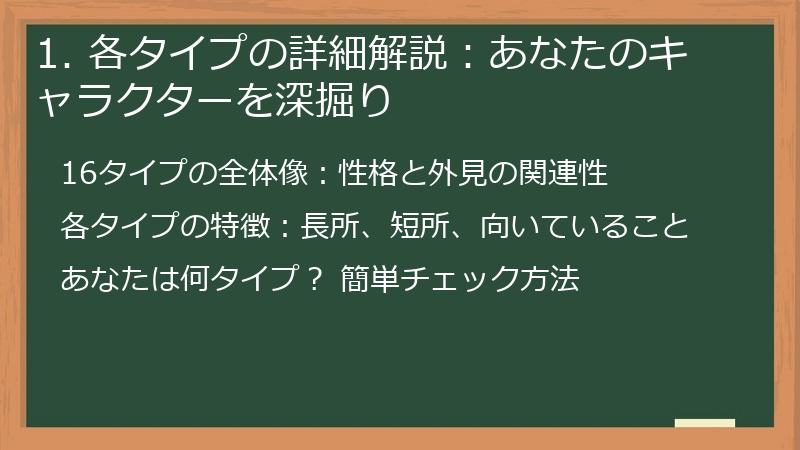 1. 各タイプの詳細解説：あなたのキャラクターを深掘り