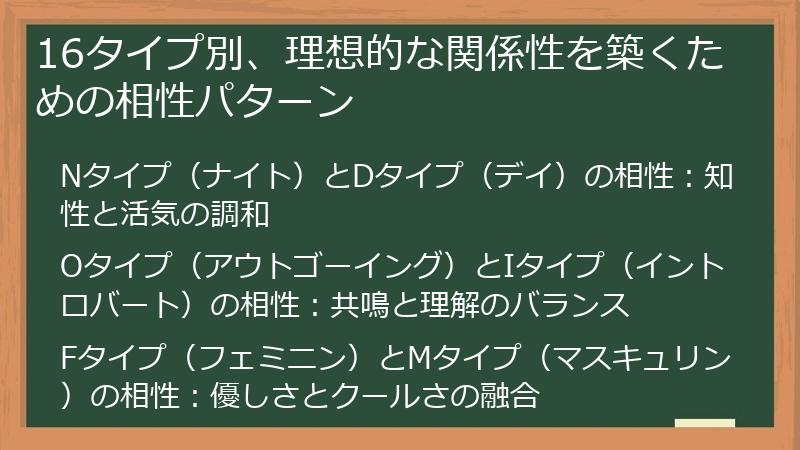 16タイプ別、理想的な関係性を築くための相性パターン