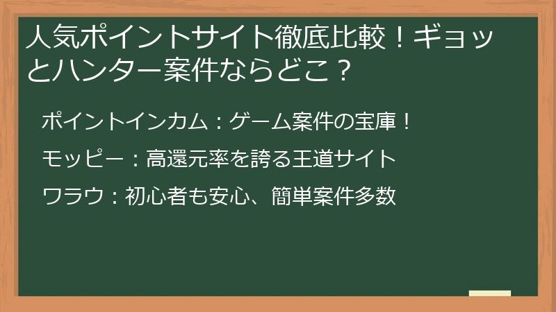 人気ポイントサイト徹底比較！ギョッとハンター案件ならどこ？