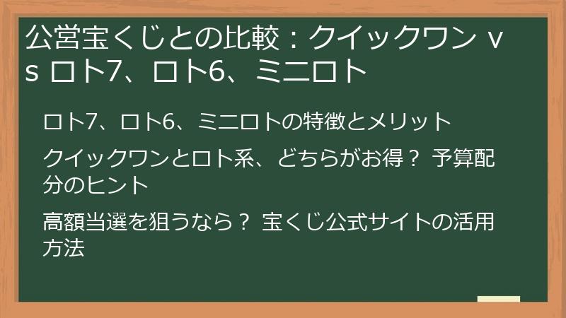 公営宝くじとの比較:クイックワン vs ロト7、ロト6、ミニロト