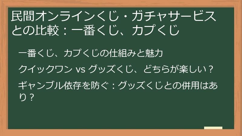 民間オンラインくじ・ガチャサービスとの比較:一番くじ、カプくじ