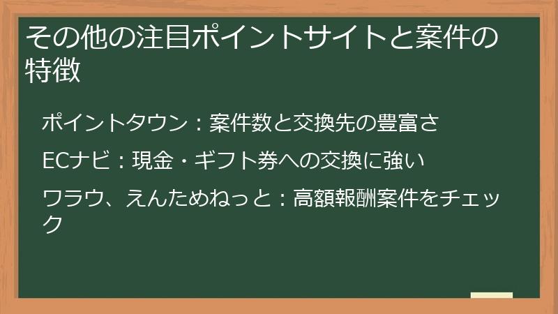 その他の注目ポイントサイトと案件の特徴