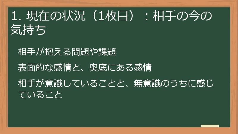 1. 現在の状況(1枚目):相手の今の気持ち