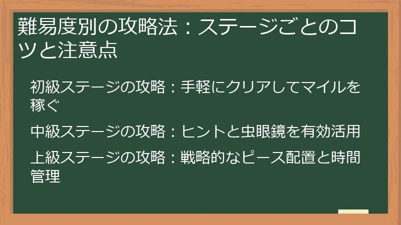 難易度別の攻略法:ステージごとのコツと注意点
