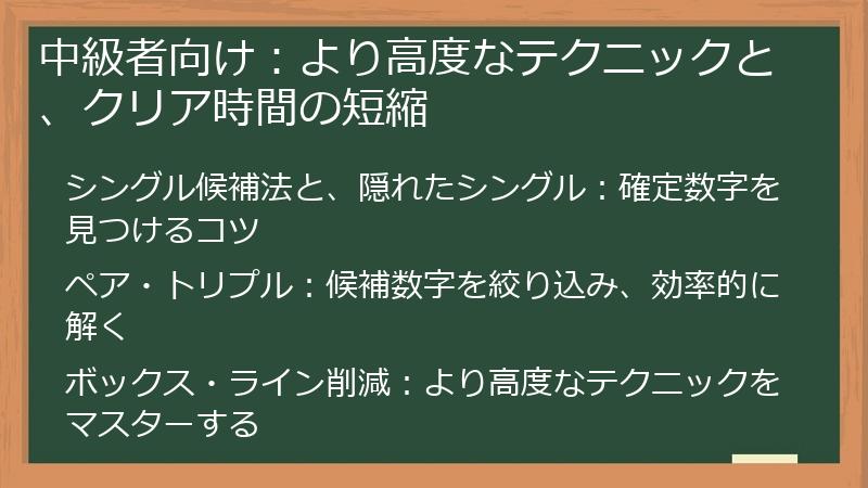 中級者向け：より高度なテクニックと、クリア時間の短縮