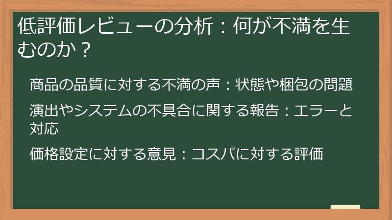 低評価レビューの分析：何が不満を生むのか？