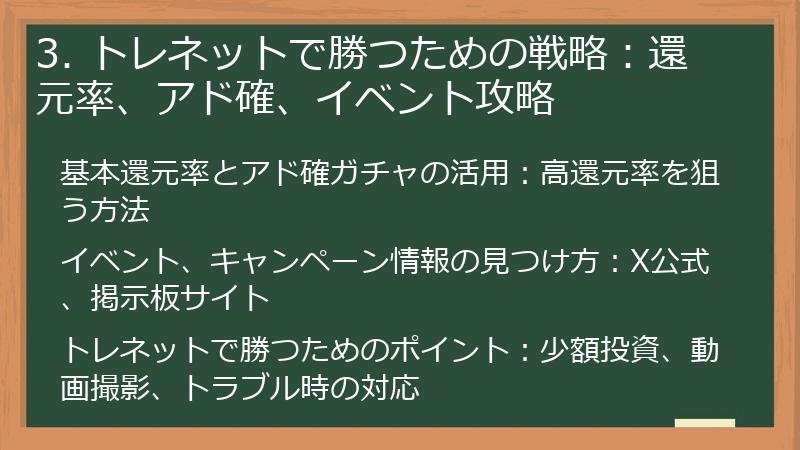 3. トレネットで勝つための戦略：還元率、アド確、イベント攻略