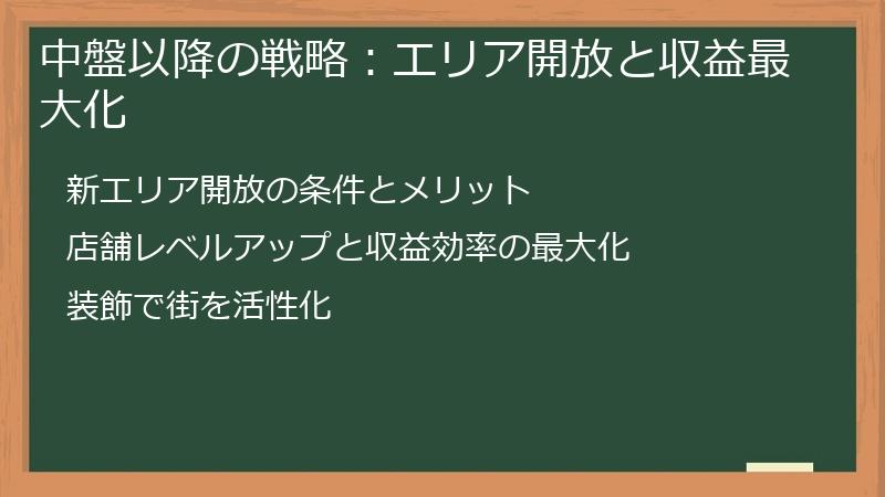 中盤以降の戦略：エリア開放と収益最大化