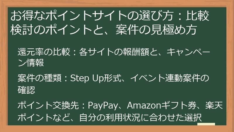 お得なポイントサイトの選び方：比較検討のポイントと、案件の見極め方