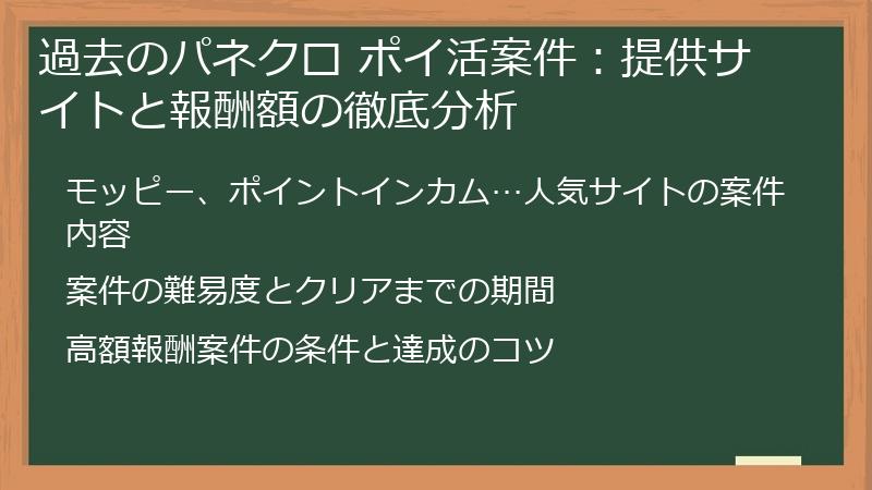 過去のパネクロ ポイ活案件：提供サイトと報酬額の徹底分析