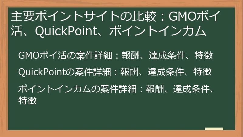 主要ポイントサイトの比較：GMOポイ活、QuickPoint、ポイントインカム