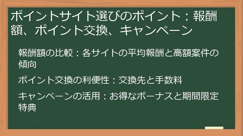 ポイントサイト選びのポイント：報酬額、ポイント交換、キャンペーン