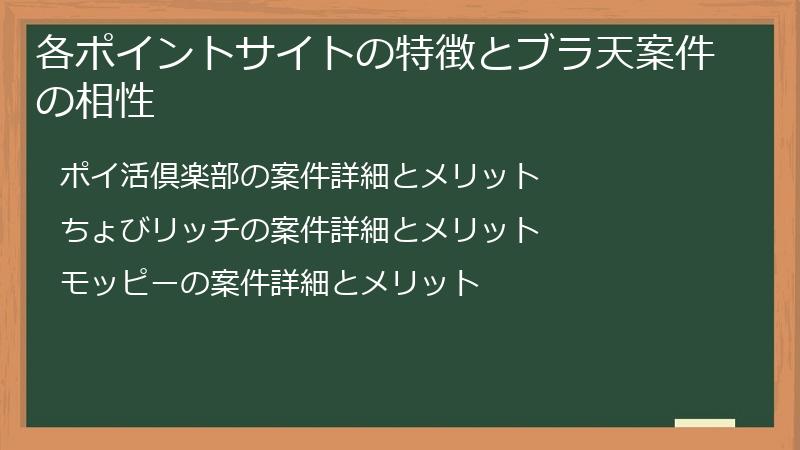 各ポイントサイトの特徴とブラ天案件の相性