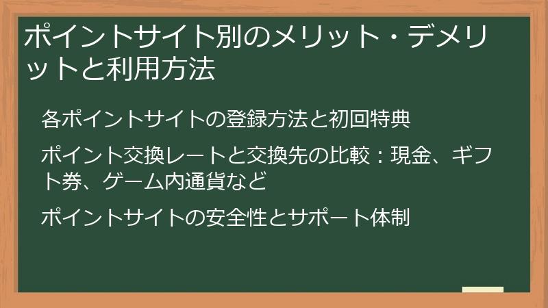 ポイントサイト別のメリット・デメリットと利用方法