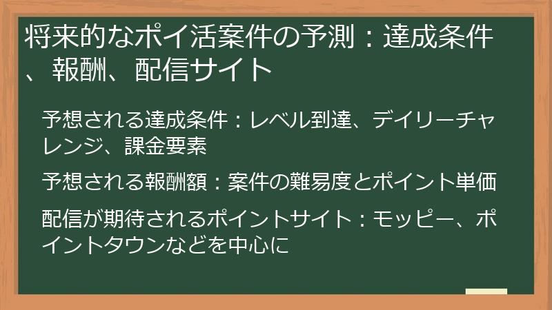 将来的なポイ活案件の予測：達成条件、報酬、配信サイト
