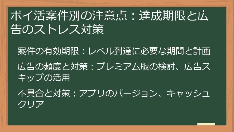 ポイ活案件別の注意点：達成期限と広告のストレス対策
