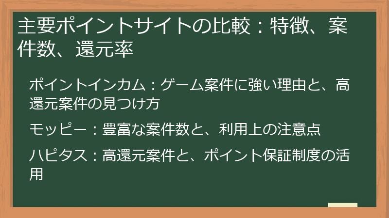 主要ポイントサイトの比較：特徴、案件数、還元率