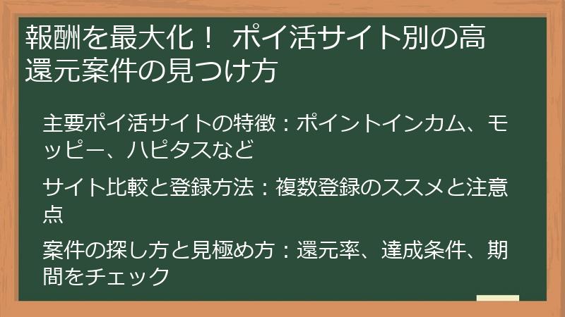 報酬を最大化！ ポイ活サイト別の高還元案件の見つけ方