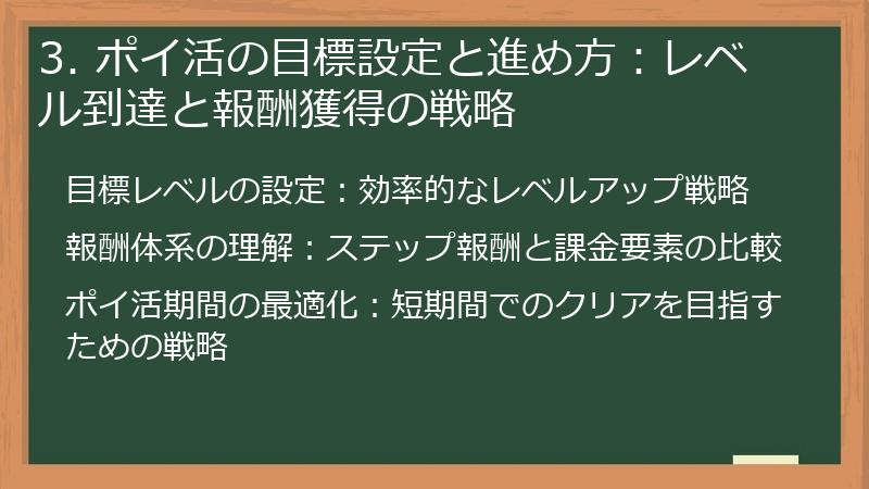 3. ポイ活の目標設定と進め方：レベル到達と報酬獲得の戦略