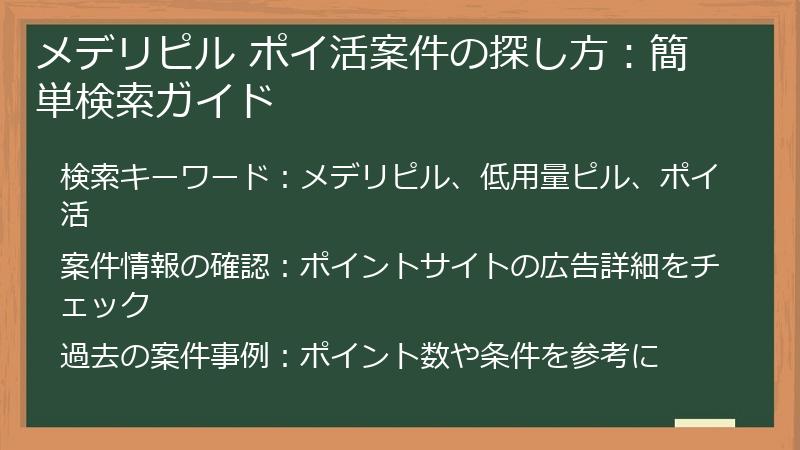 メデリピル ポイ活案件の探し方：簡単検索ガイド