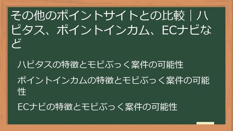 その他のポイントサイトとの比較|ハピタス、ポイントインカム、ECナビなど