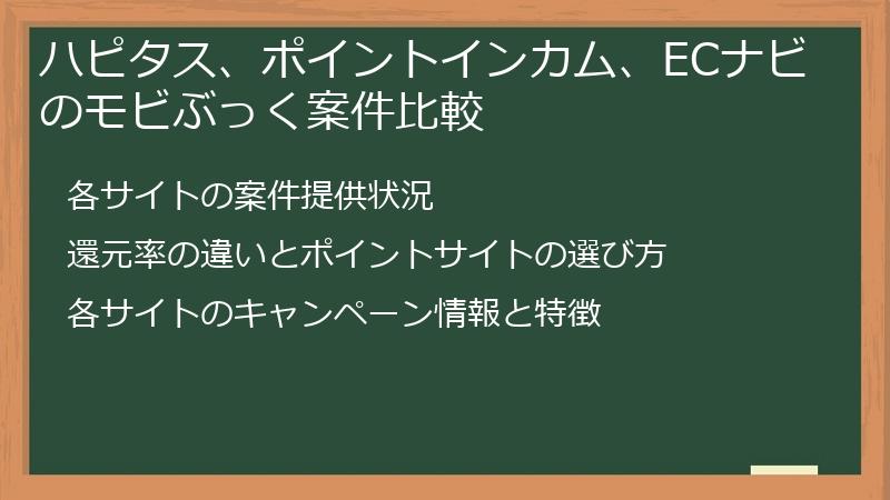 ハピタス、ポイントインカム、ECナビのモビぶっく案件比較