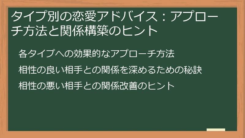 タイプ別の恋愛アドバイス：アプローチ方法と関係構築のヒント