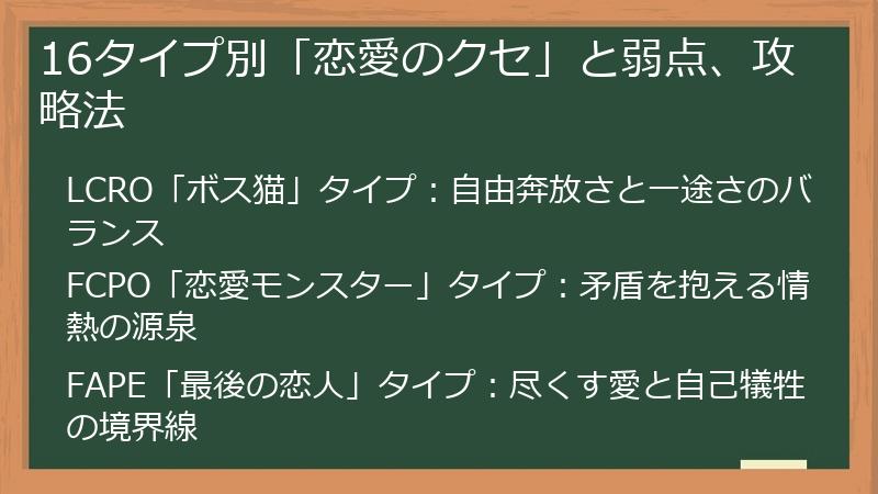 16タイプ別「恋愛のクセ」と弱点、攻略法
