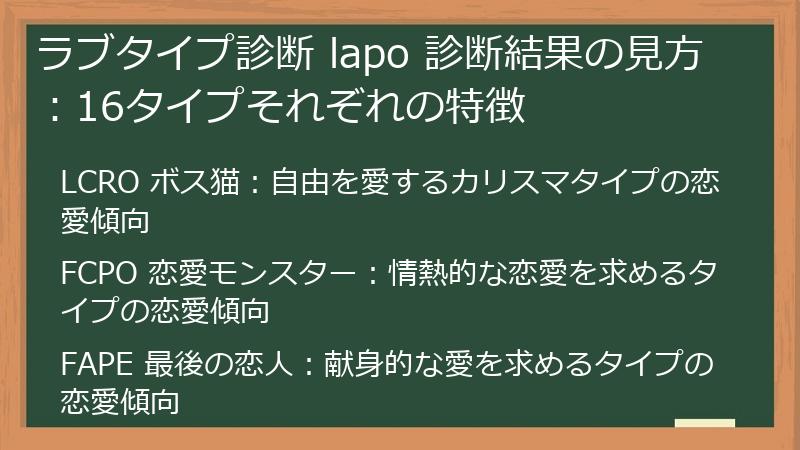 ラブタイプ診断 lapo 診断結果の見方:16タイプそれぞれの特徴